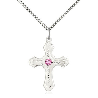 Sterling Silver Cross | 3mm Rose Swarovski stone | 18-inch Sterling Silver Chain | Engravable