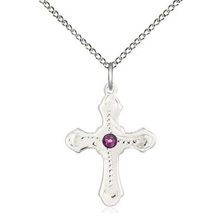 Sterling Silver Cross | 3mm Amethyst Swarovski stone | 18-inch Sterling Silver Chain | Engravable