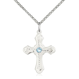Sterling Silver Cross | 3mm Aqua Swarovski stone | 18-inch Sterling Silver Chain | Engravable