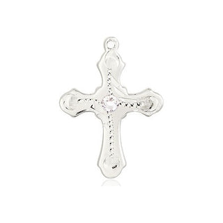 Sterling Silver Cross Pendant with a 3mm Crystal Swarovski stone on an 18-inch Sterling Silver Light Curb Chain Engraved Catholic Saint Jewelry