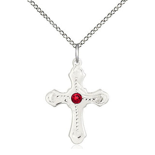 Sterling Silver Cross | 3mm Ruby Swarovski stone | 18-inch Sterling Silver Chain | Engravable