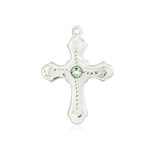 Sterling Silver Cross Pendant with a 3mm Peridot Swarovski stone on an 18-inch Sterling Silver Light Curb Chain Engraved Catholic Saint Jewelry