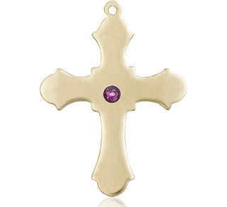 14kt Gold Filled Cross Pendant with a 3mm Amethyst Swarovski stone on an 24-inch Gold Plate Heavy Curb Chain