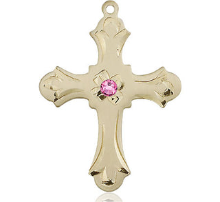 14kt Gold Filled Cross Pendant with a 3mm Rose Swarovski stone on an 24-inch Gold Plate Heavy Curb Chain Engraved Catholic Saint Jewelry
