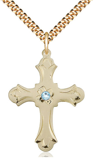 14kt Gold Filled Cross | 3mm Aqua Swarovski stone | 24-inch Gold Plate Chain | Engravable