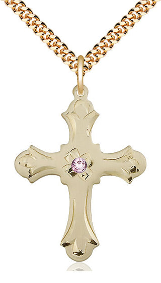 14kt Gold Filled Cross | 3mm Light Amethyst Swarovski stone | 24-inch Gold Plate Chain | Engravable