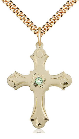 14kt Gold Filled Cross | 3mm Peridot Swarovski stone | 24-inch Gold Plate Chain | Engravable