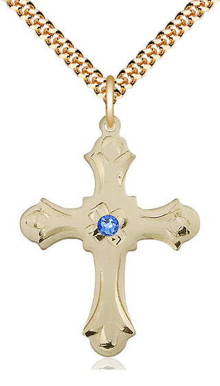 14kt Gold Filled Cross | 3mm Sapphire Swarovski stone | 24-inch Gold Plate Chain | Engravable