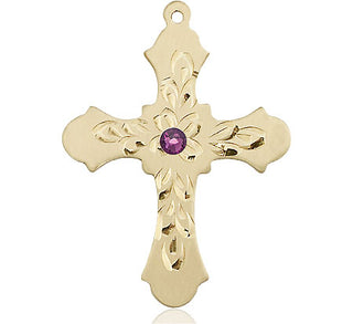 14kt Gold Filled Cross Pendant with a 3mm Amethyst Swarovski stone on an 24-inch Gold Plate Heavy Curb Chain Engraved Catholic Saint Jewelry