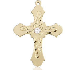 14kt Gold Filled Cross Pendant with a 3mm Crystal Swarovski stone on an 24-inch Gold Plate Heavy Curb Chain Engraved Catholic Saint Jewelry