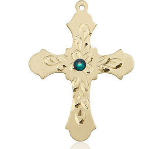 14kt Gold Filled Cross Pendant with a 3mm Emerald Swarovski stone on an 24-inch Gold Plate Heavy Curb Chain Engraved Catholic Saint Jewelry