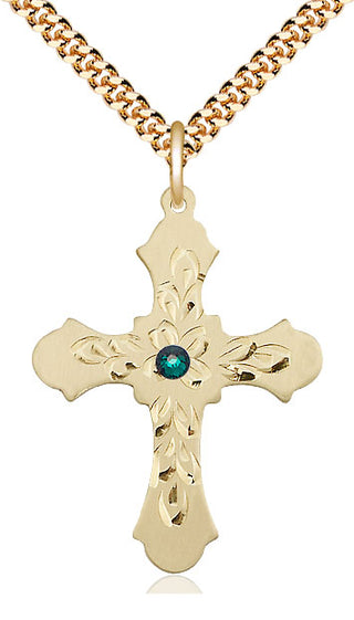 14kt Gold Filled Cross | 3mm Emerald Swarovski stone | 24-inch Gold Plate Chain | Engravable