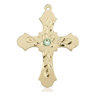 14kt Gold Filled Cross Pendant with a 3mm Peridot Swarovski stone on an 24-inch Gold Plate Heavy Curb Chain Engraved Catholic Saint Jewelry