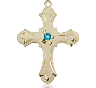 14kt Gold Cross Medal with a 3mm Zircon Swarovski stone Engraved Catholic Saint Jewelry