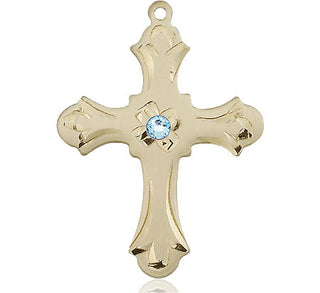 14kt Gold Cross Medal with a 3mm Aqua Swarovski stone Engraved Catholic Saint Jewelry