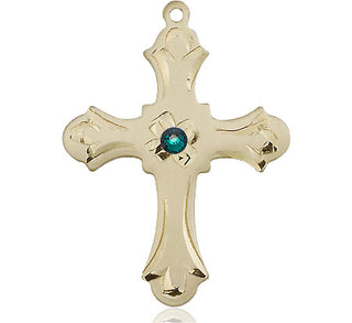 14kt Gold Cross Medal with a 3mm Emerald Swarovski stone Engraved Catholic Saint Jewelry