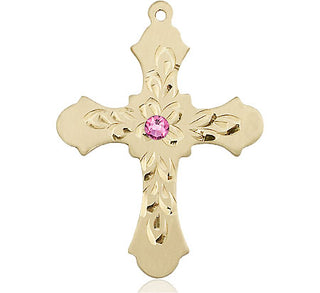 14kt Gold Cross Medal with a 3mm Rose Swarovski stone Engraved Catholic Saint Jewelry