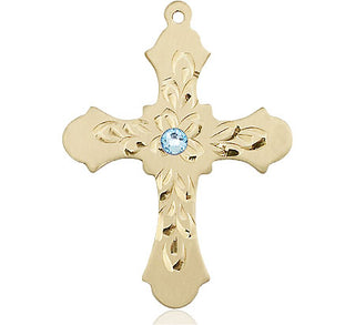 14kt Gold Cross Medal with a 3mm Aqua Swarovski stone Engraved Catholic Saint Jewelry