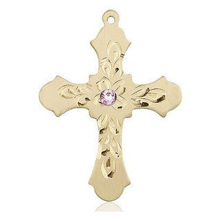 14kt Gold Cross Medal with a 3mm Light Amethyst Swarovski stone Engraved Catholic Saint Jewelry