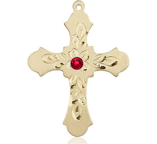 14kt Gold Cross Medal with a 3mm Ruby Swarovski stone Engraved Catholic Saint Jewelry