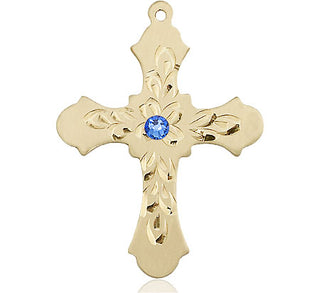 14kt Gold Cross Medal with a 3mm Sapphire Swarovski stone Engraved Catholic Saint Jewelry