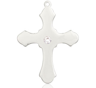 Sterling Silver Cross Pendant with a 3mm Crystal Swarovski stone on an 24-inch Light Rhodium Heavy Curb Chain