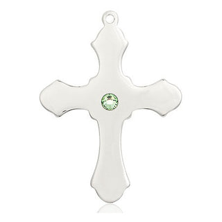 Sterling Silver Cross Pendant with a 3mm Peridot Swarovski stone on an 24-inch Light Rhodium Heavy Curb Chain
