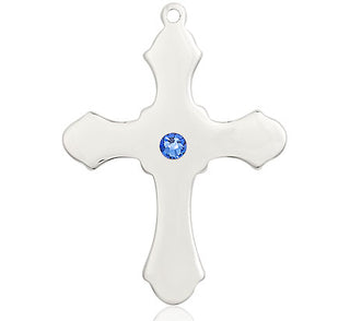 Sterling Silver Cross Pendant with a 3mm Sapphire Swarovski stone on an 24-inch Light Rhodium Heavy Curb Chain