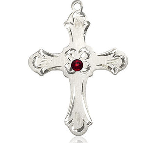 Sterling Silver Cross Pendant with a 3mm Garnet Swarovski stone on an 24-inch Light Rhodium Heavy Curb Chain Engraved Catholic Saint Jewelry