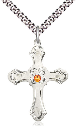 Sterling Silver Cross | 3mm Topaz Swarovski stone | 24-inch Light Rhodium Chain | Engravable