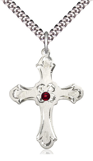 Sterling Silver Cross | 3mm Garnet Swarovski stone | 24-inch Light Rhodium Chain | Engravable
