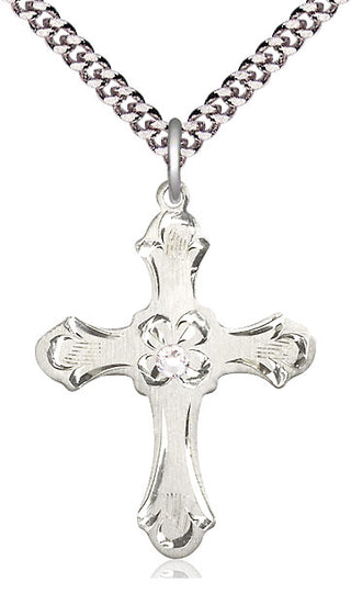 Sterling Silver Cross | 3mm Crystal Swarovski stone | 24-inch Light Rhodium Chain | Engravable