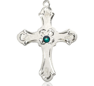 Sterling Silver Cross Pendant with a 3mm Emerald Swarovski stone on an 24-inch Light Rhodium Heavy Curb Chain Engraved Catholic Saint Jewelry