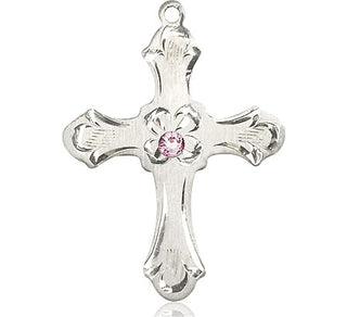 Sterling Silver Cross Pendant with a 3mm Light Amethyst Swarovski stone on an 24-inch Light Rhodium Heavy Curb Chain Engraved Catholic Saint Jewelry