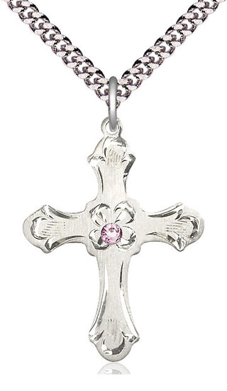 Sterling Silver Cross | 3mm Light Amethyst Swarovski stone | 24-inch Light Rhodium Chain | Engravable