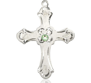 Sterling Silver Cross Pendant with a 3mm Peridot Swarovski stone on an 24-inch Light Rhodium Heavy Curb Chain Engraved Catholic Saint Jewelry