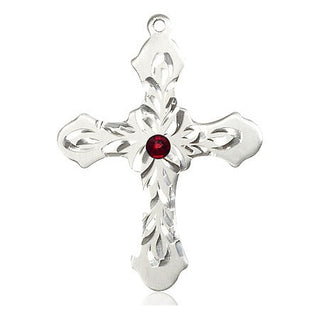 Sterling Silver Cross Pendant with a 3mm Garnet Swarovski stone on an 24-inch Light Rhodium Heavy Curb Chain Engraved Catholic Saint Jewelry