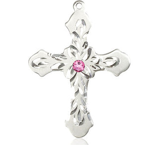 Sterling Silver Cross Pendant with a 3mm Rose Swarovski stone on an 24-inch Light Rhodium Heavy Curb Chain Engraved Catholic Saint Jewelry