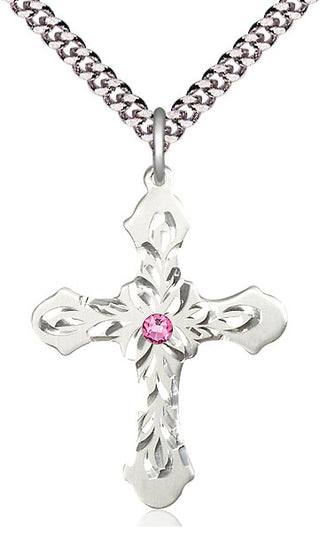 Sterling Silver Cross | 3mm Rose Swarovski stone | 24-inch Light Rhodium Chain | Engravable