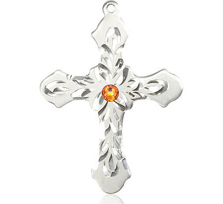Sterling Silver Cross Pendant with a 3mm Topaz Swarovski stone on an 24-inch Light Rhodium Heavy Curb Chain Engraved Catholic Saint Jewelry