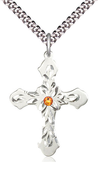 Sterling Silver Cross | 3mm Topaz Swarovski stone | 24-inch Light Rhodium Chain | Engravable