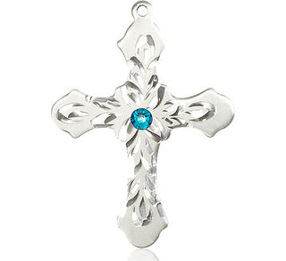 Sterling Silver Cross Pendant with a 3mm Zircon Swarovski stone on an 24-inch Light Rhodium Heavy Curb Chain Engraved Catholic Saint Jewelry