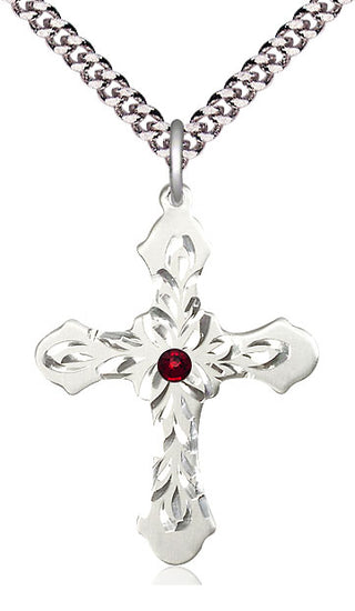 Sterling Silver Cross | 3mm Garnet Swarovski stone | 24-inch Light Rhodium Chain | Engravable