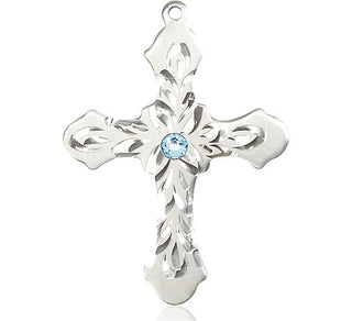 Sterling Silver Cross Pendant with a 3mm Aqua Swarovski stone on an 24-inch Light Rhodium Heavy Curb Chain Engraved Catholic Saint Jewelry