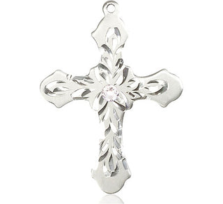 Sterling Silver Cross Pendant with a 3mm Crystal Swarovski stone on an 24-inch Light Rhodium Heavy Curb Chain Engraved Catholic Saint Jewelry