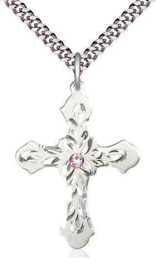 Sterling Silver Cross | 3mm Light Amethyst Swarovski stone | 24-inch Light Rhodium Chain | Engravable
