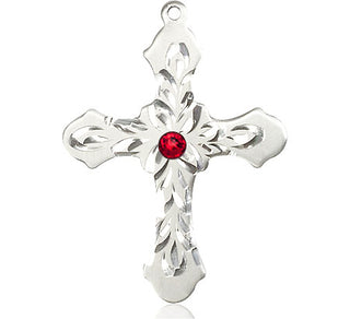 Sterling Silver Cross Pendant with a 3mm Ruby Swarovski stone on an 24-inch Light Rhodium Heavy Curb Chain Engraved Catholic Saint Jewelry