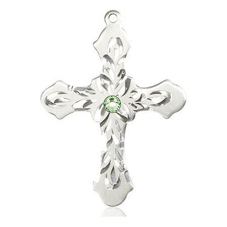 Sterling Silver Cross Pendant with a 3mm Peridot Swarovski stone on an 24-inch Light Rhodium Heavy Curb Chain Engraved Catholic Saint Jewelry