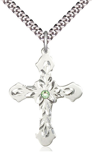 Sterling Silver Cross | 3mm Peridot Swarovski stone | 24-inch Light Rhodium Chain | Engravable