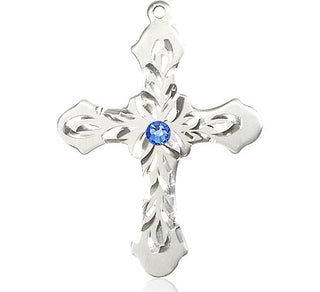 Sterling Silver Cross Pendant with a 3mm Sapphire Swarovski stone on an 24-inch Light Rhodium Heavy Curb Chain Engraved Catholic Saint Jewelry